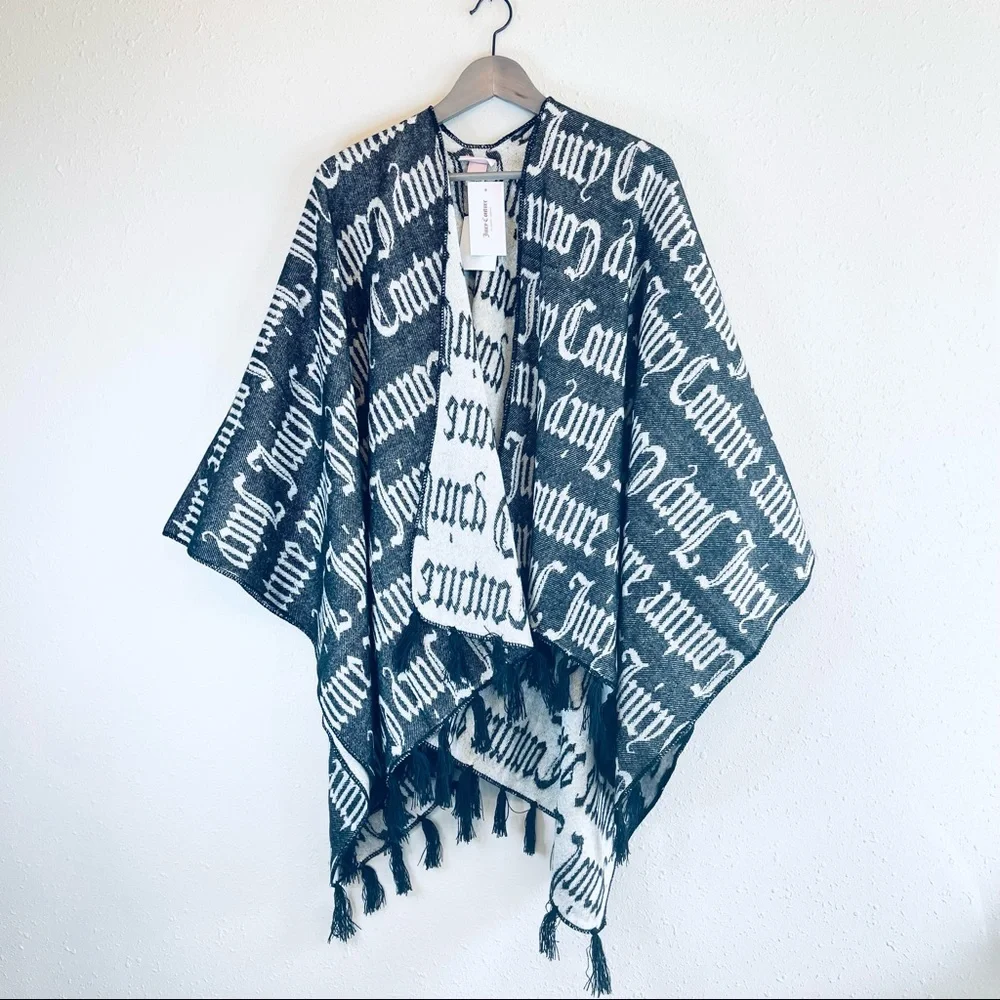 Juicy Couture Women’s Warm Tassels Black/Ivory Scarf Wrap Poncho OS NWT